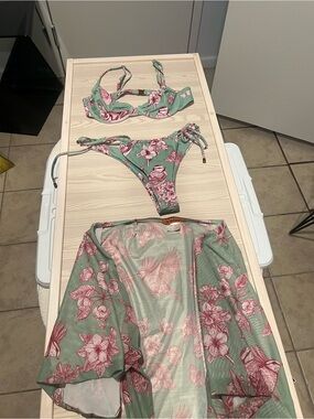 Floral Tie-Side Bikini Set with Lightweight Cover-Up - Sage Green & Dusty Rose